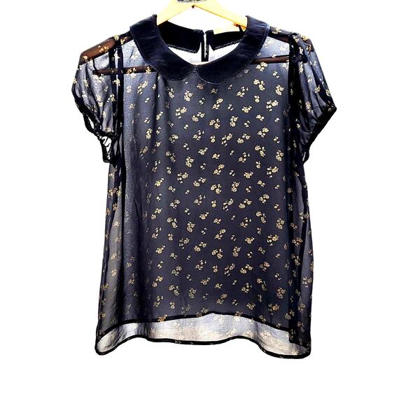 Vtg Y2K 00s Whimsigoth Ditsy Princess Vera Wang Gold Sheer Chiffon Blouse large - Picture 1 of 10